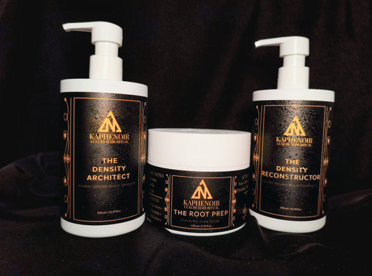 KapheNoir Density Architect shampoo, Root Prep scalp scrub, Density Reconstructor conditioner against black background