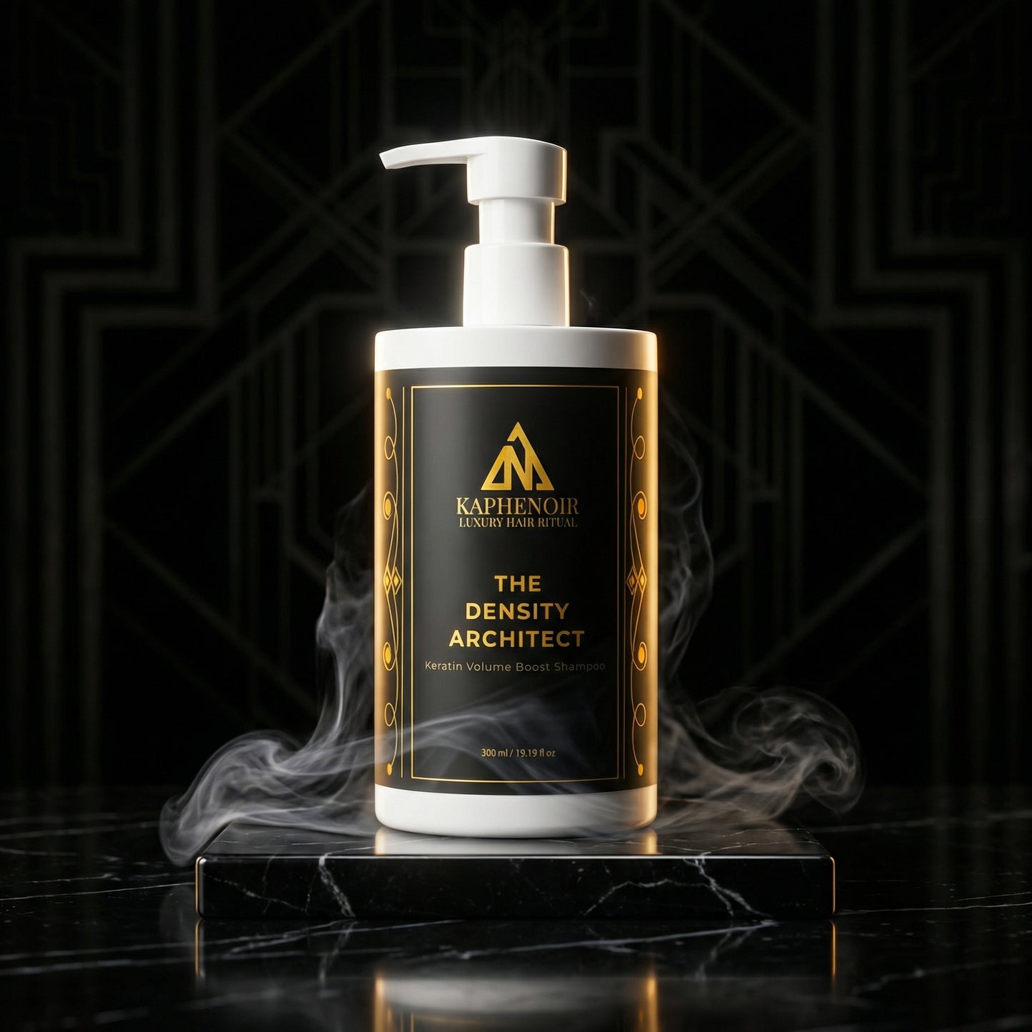 KapheNoir hair product bottle with gold and black design on a dark background