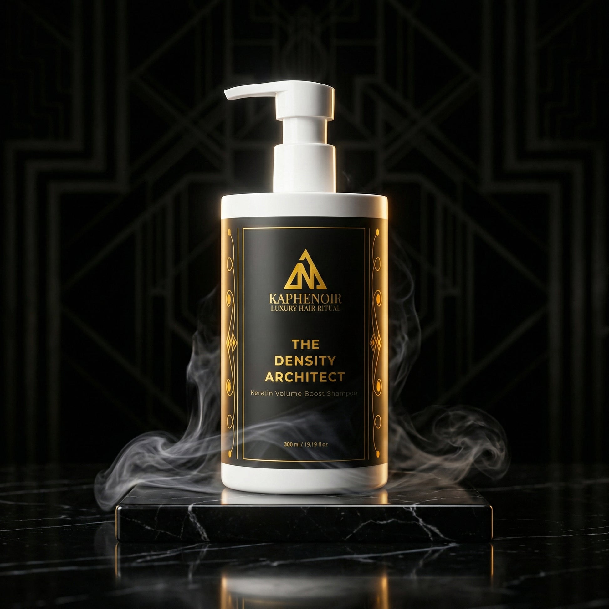 KapheNoir hair product bottle with gold and black design on a dark background