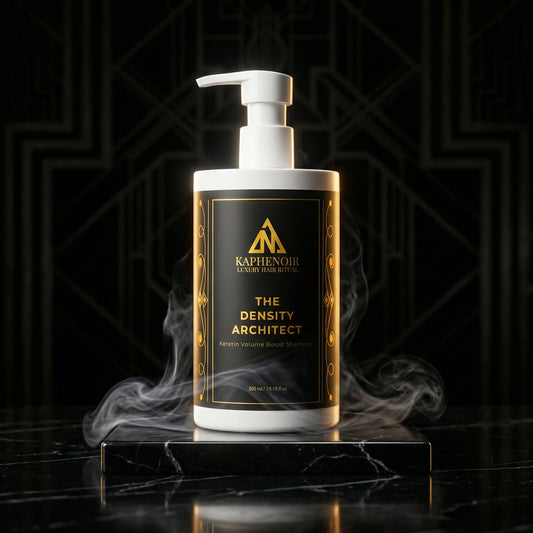 KapheNoir hair product bottle with gold and black design on a dark background