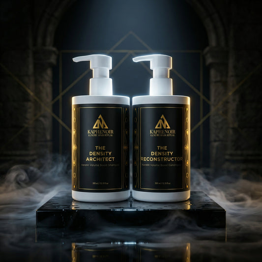 Two bottles of KapheNoir hair density products on a dark background