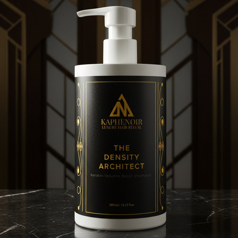 Kaphenoir Density Architect bottle on a dark marble surface with a blurred architectural background