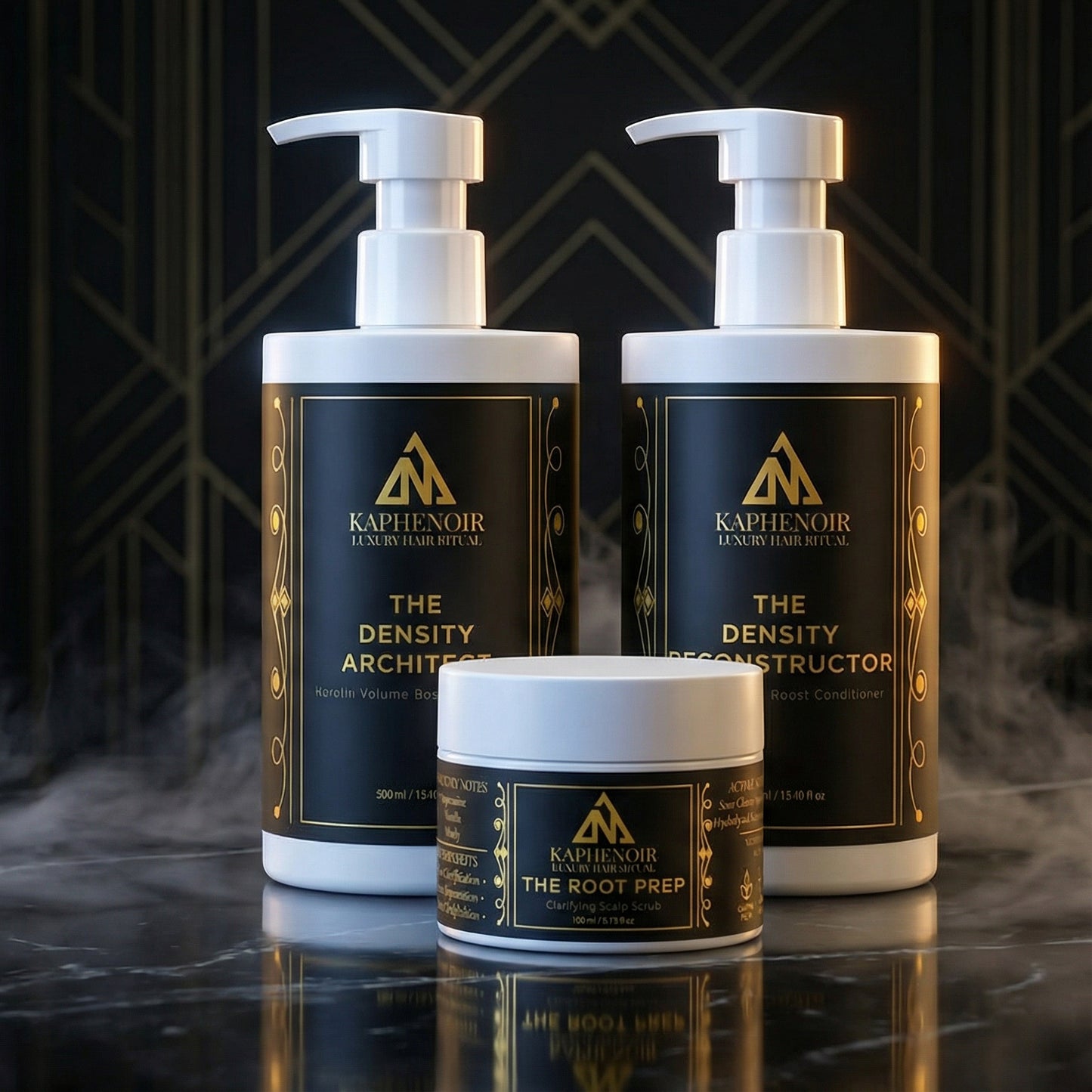 Three KapheNoir hair care products on a reflective surface with a dark geometric background.