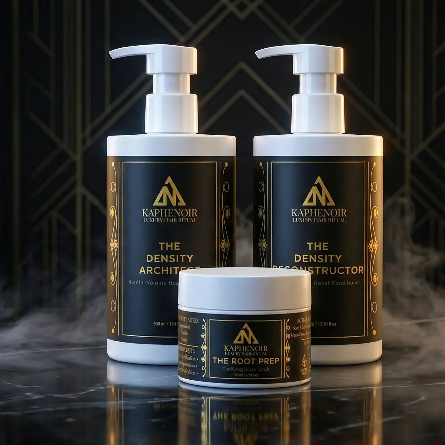 Three KapheNoir hair care products on a reflective surface with a dark geometric background.
