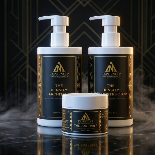 Three KapheNoir hair care products on a reflective surface with a dark geometric background.