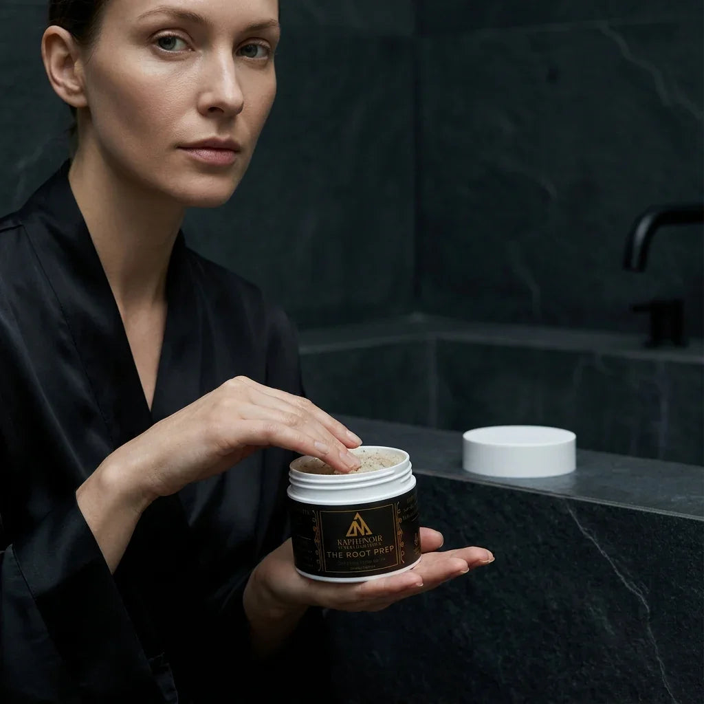 Applying KapheNoir The Root Prep purifying scalp scrub before shampooing
