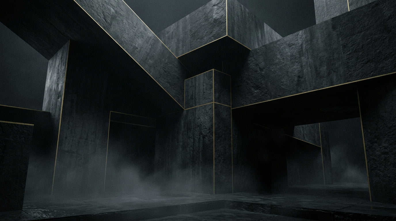 Architectural black stone structures representing the KapheNoir Volume Architecture System for fine hair.